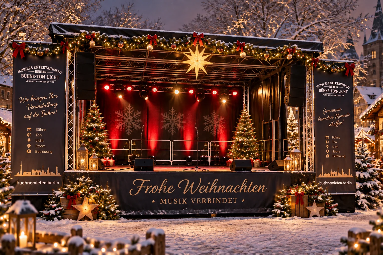 Weihnachtlich dekorierte Trailerbühne für einen Weihnachtsmarkt